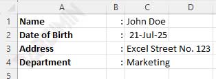 excel right aligned colon