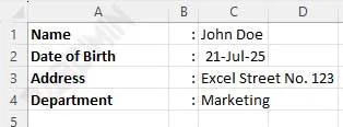 excel right aligned colon