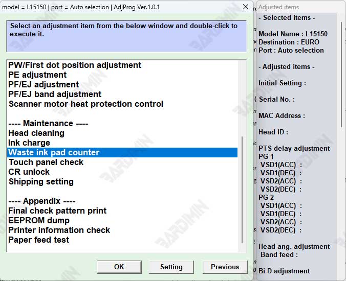 Adjustments Program Epson L15150 waste ink pad counter