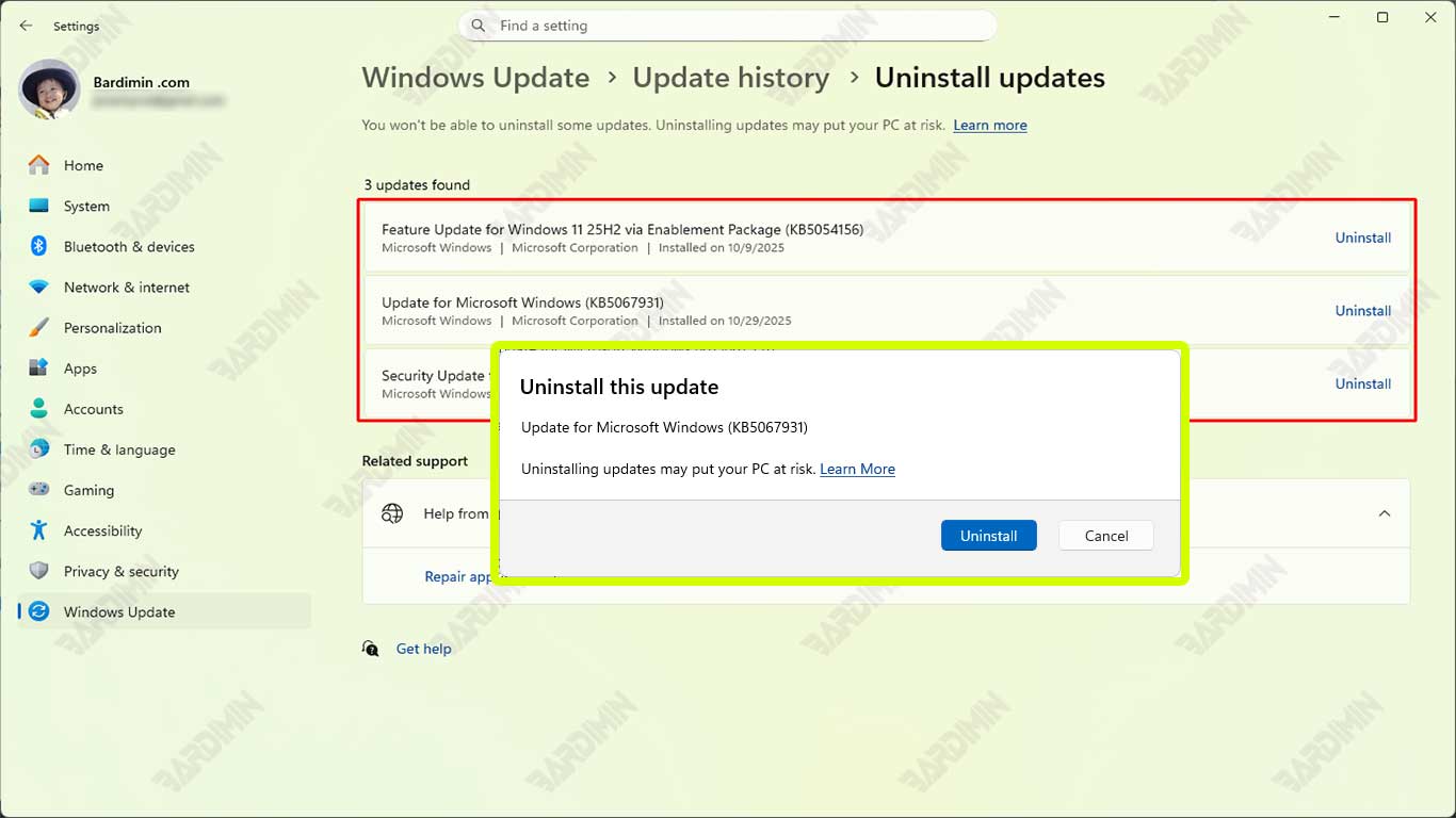 Processo desinstalar atualização Windows 11: Confirmar remoção de atualização específica